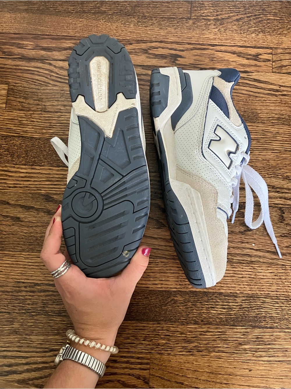 New Balance Kids 550 Sneakers in White, Navy, and Beige - Picture 2 of 4